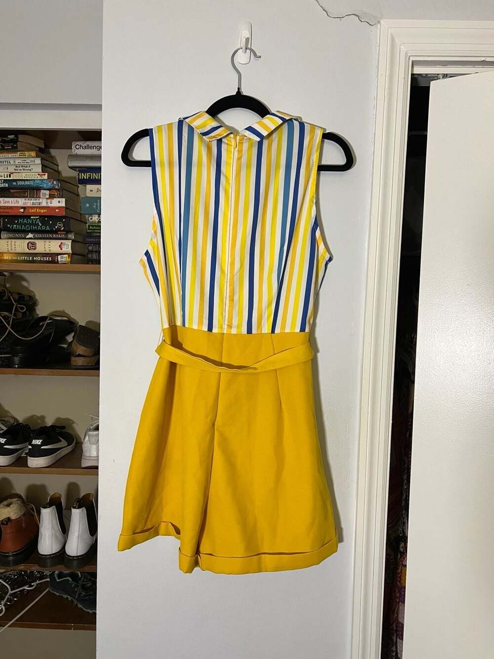 Retro Stage 1950s Yellow White Blue Striped Lapel Romper - Picture 3 of 6